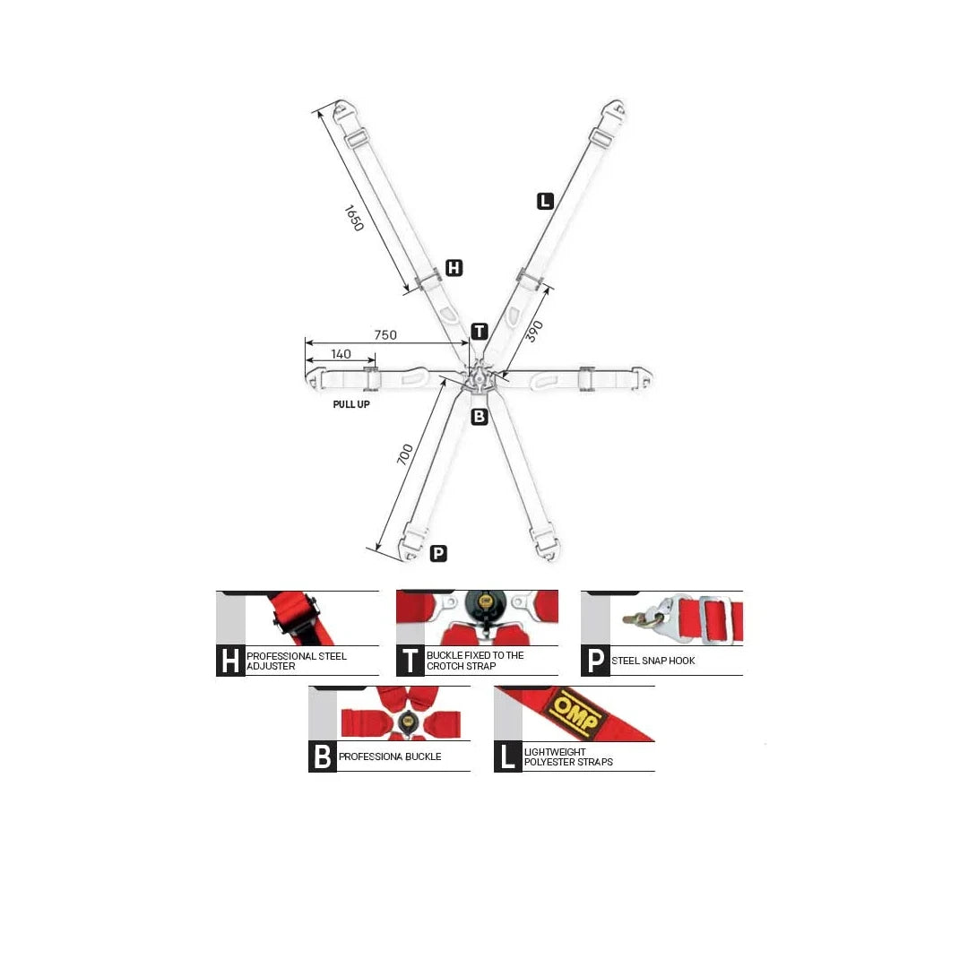 OMP SAFETY HARNESS (SEATBELT) FIRST 2″ FIA 8853-2016 PULL UP – STEEL ADJ